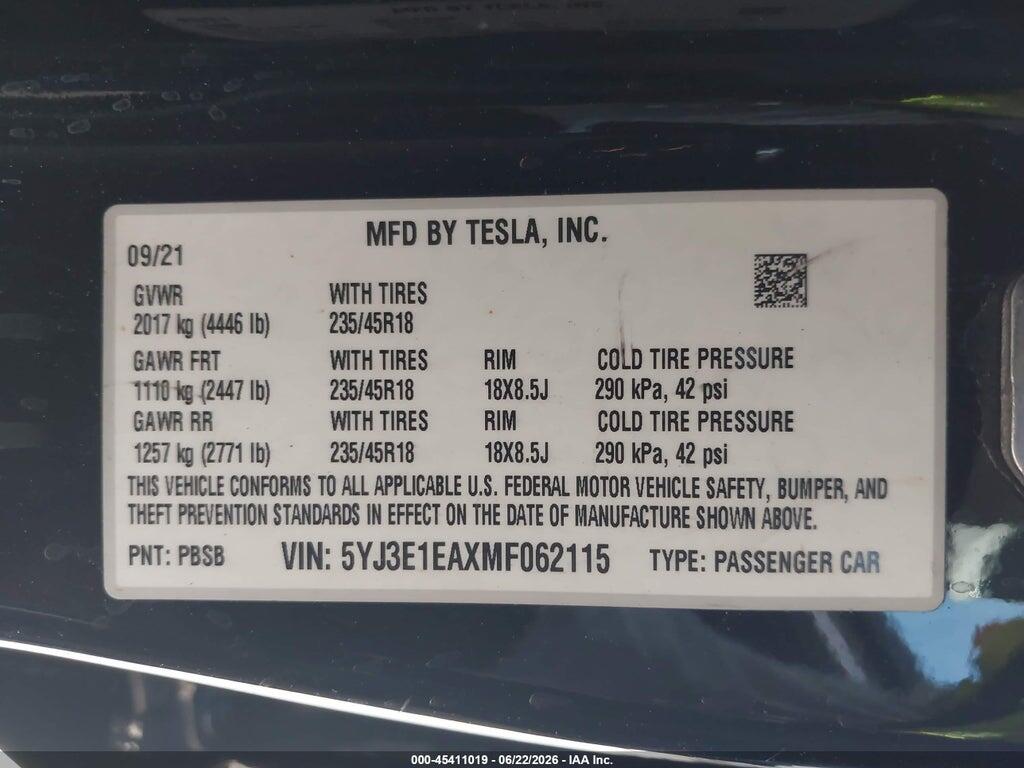 5YJ3E1EAXMF062115 2021 TESLA MODEL 3 photo no. 9