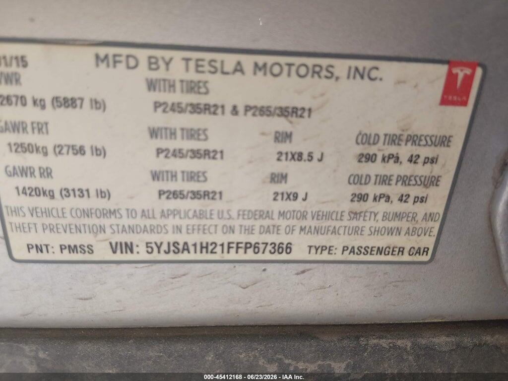 5YJSA1H21FFP67366 2015 TESLA MODEL S photo no. 9