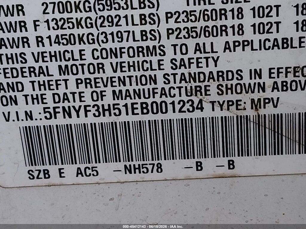 5FNYF3H51EB001234 2014 HONDA PILOT photo no. 9
