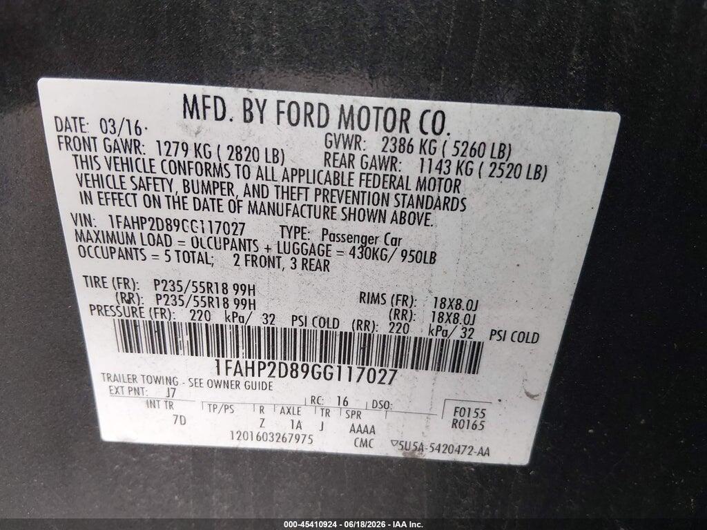 1FAHP2D89GG117027 2016 FORD TAURUS photo no. 9