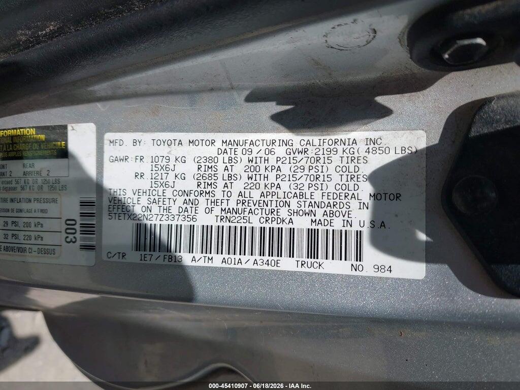 5TETX22N27Z337356 2007 TOYOTA TACOMA photo no. 9