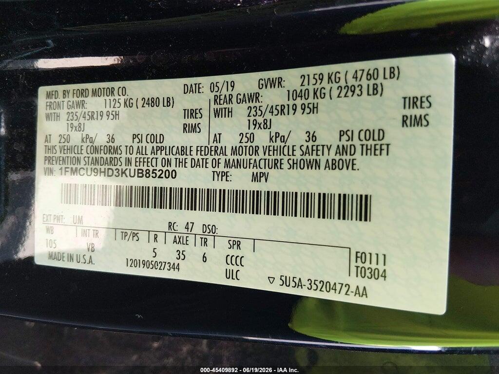 1FMCU9HD3KUB85200 2019 FORD ESCAPE photo no. 9