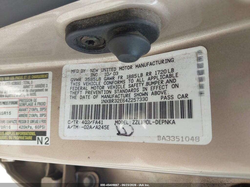 1NXBR32E64Z257330 2004 TOYOTA COROLLA photo no. 9