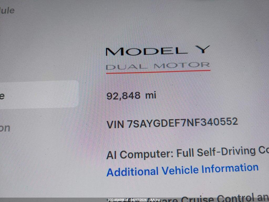 7SAYGDEF7NF340552 2022 TESLA MODEL Y photo no. 7
