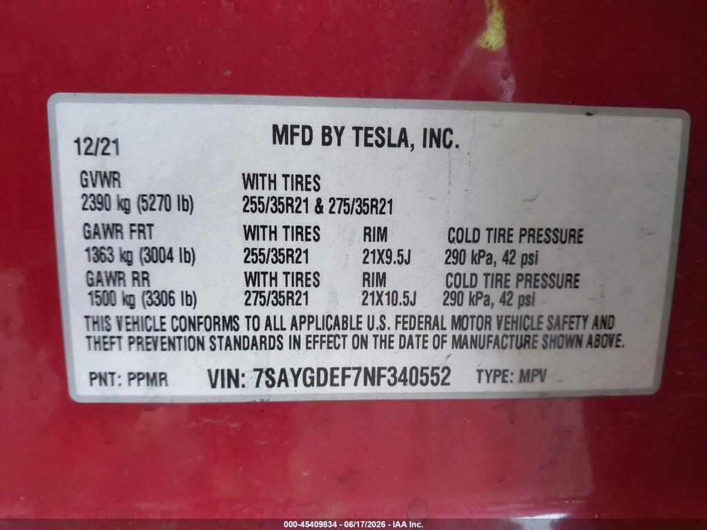 7SAYGDEF7NF340552 2022 TESLA MODEL Y photo no. 9