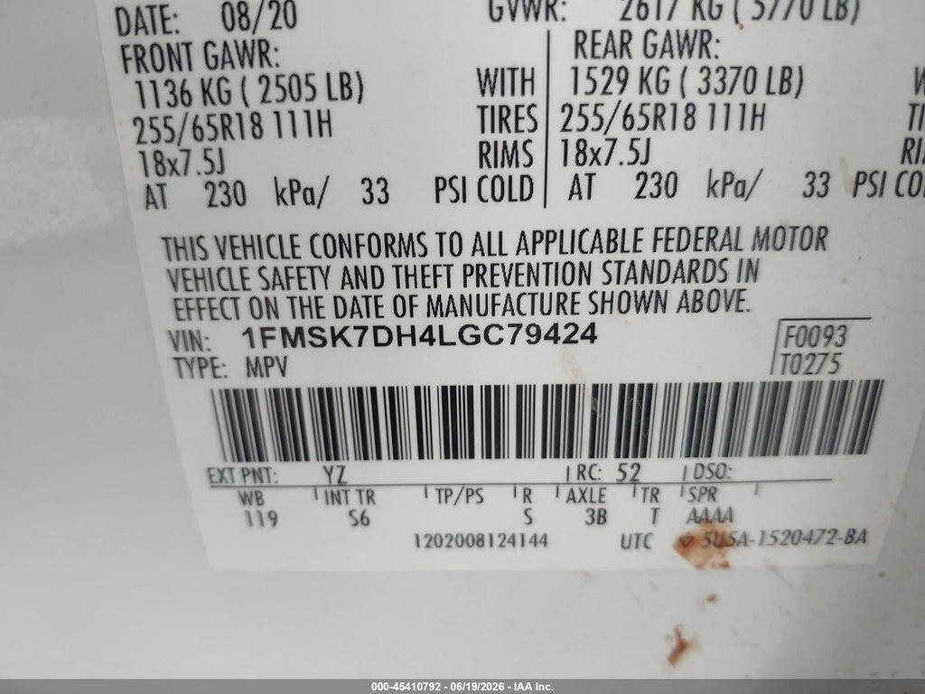 1FMSK7DH4LGC79424 2020 FORD EXPLORER photo no. 9