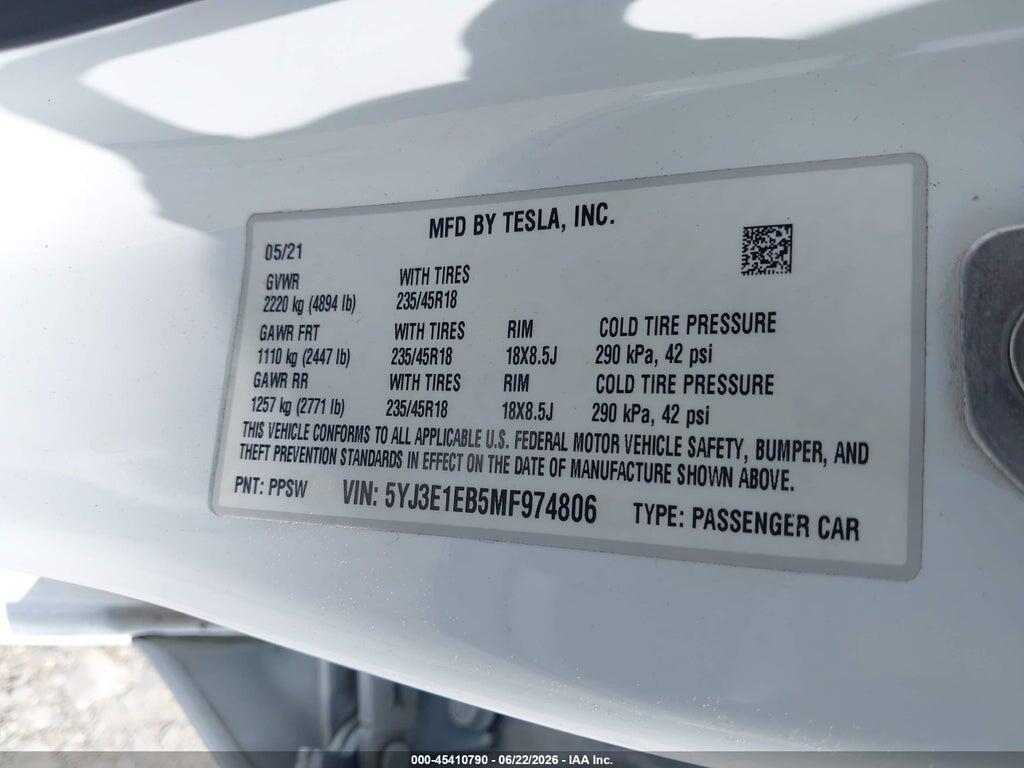5YJ3E1EB5MF974806 2021 TESLA MODEL 3 photo no. 9