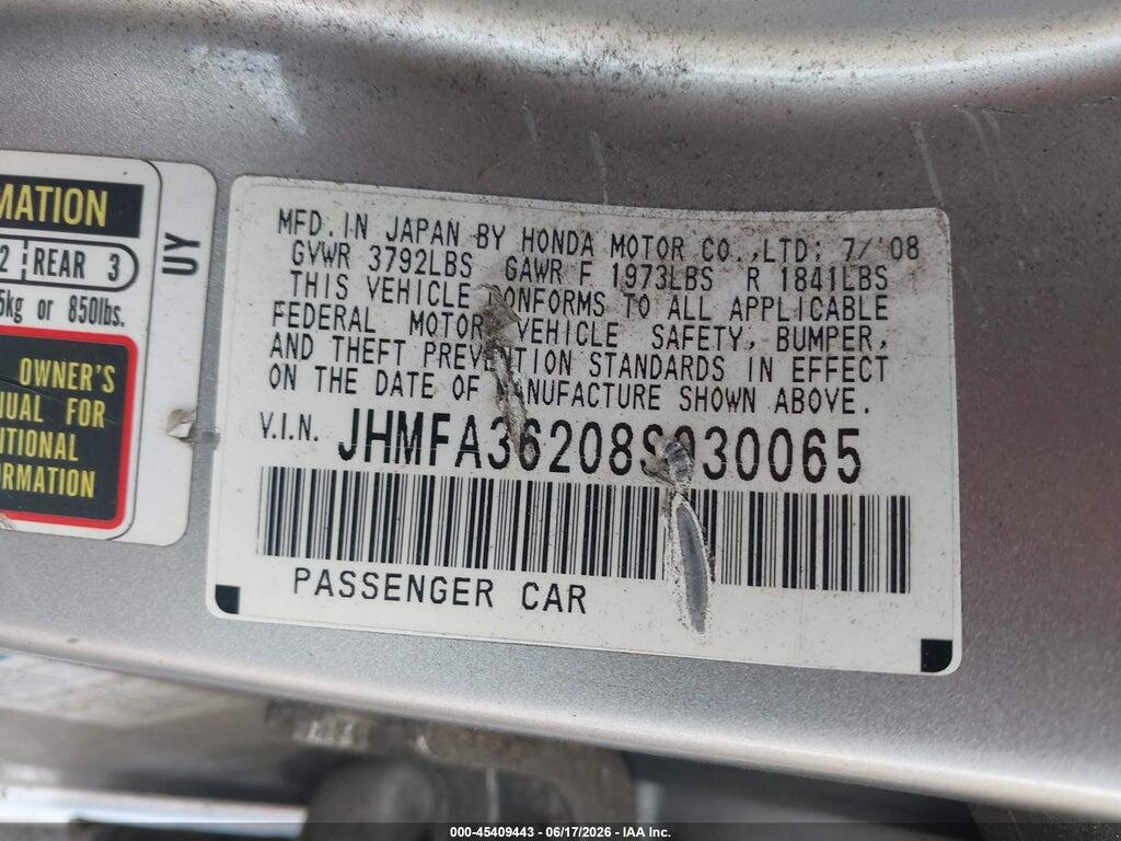 JHMFA36208S030065 2008 HONDA CIVIC HYBRID photo no. 9