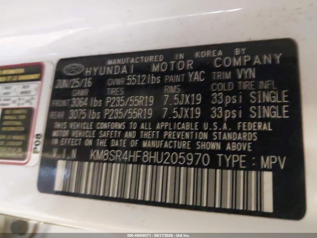 KM8SR4HF8HU205970 2017 HYUNDAI SANTA FE photo no. 9