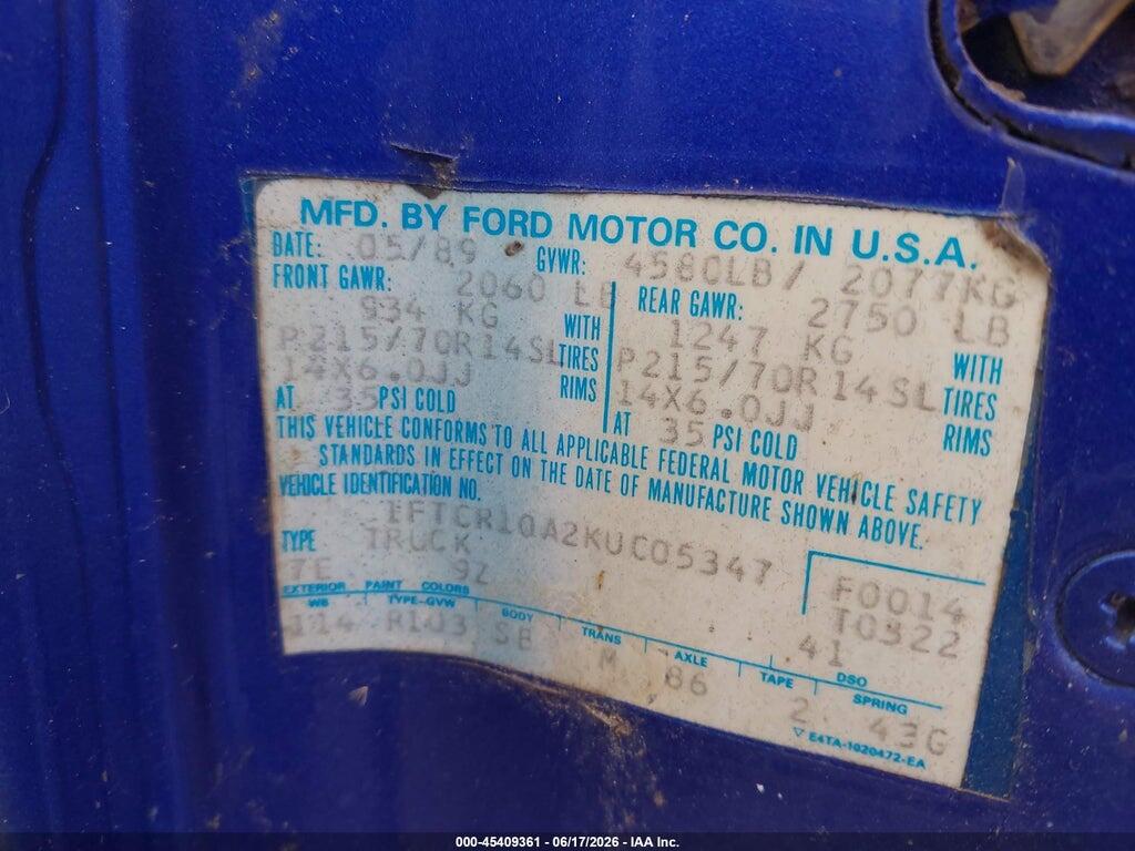 1FTCR10A2KUC05347 1989 FORD RANGER photo no. 9