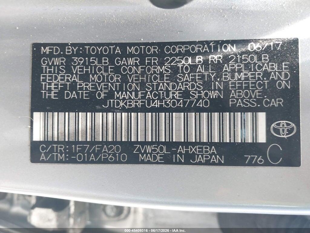 JTDKBRFU4H3047740 2017 TOYOTA PRIUS photo no. 9