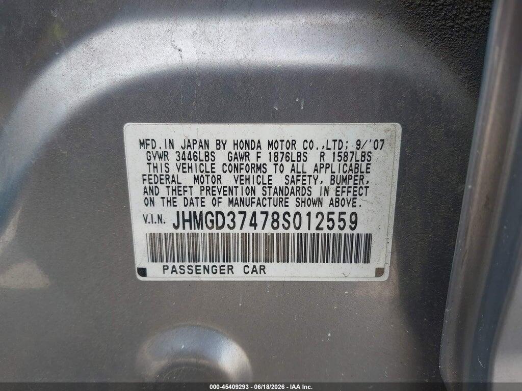 JHMGD37478S012559 2008 HONDA FIT photo no. 9
