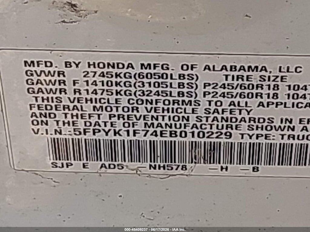 5FPYK1F74EB010229 2014 HONDA RIDGELINE photo no. 9