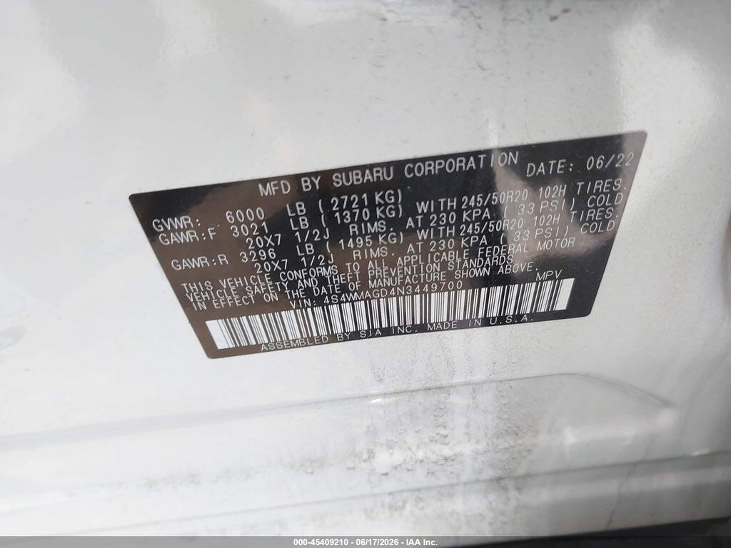 4S4WMAGD4N3449700 2022 SUBARU ASCENT photo no. 9