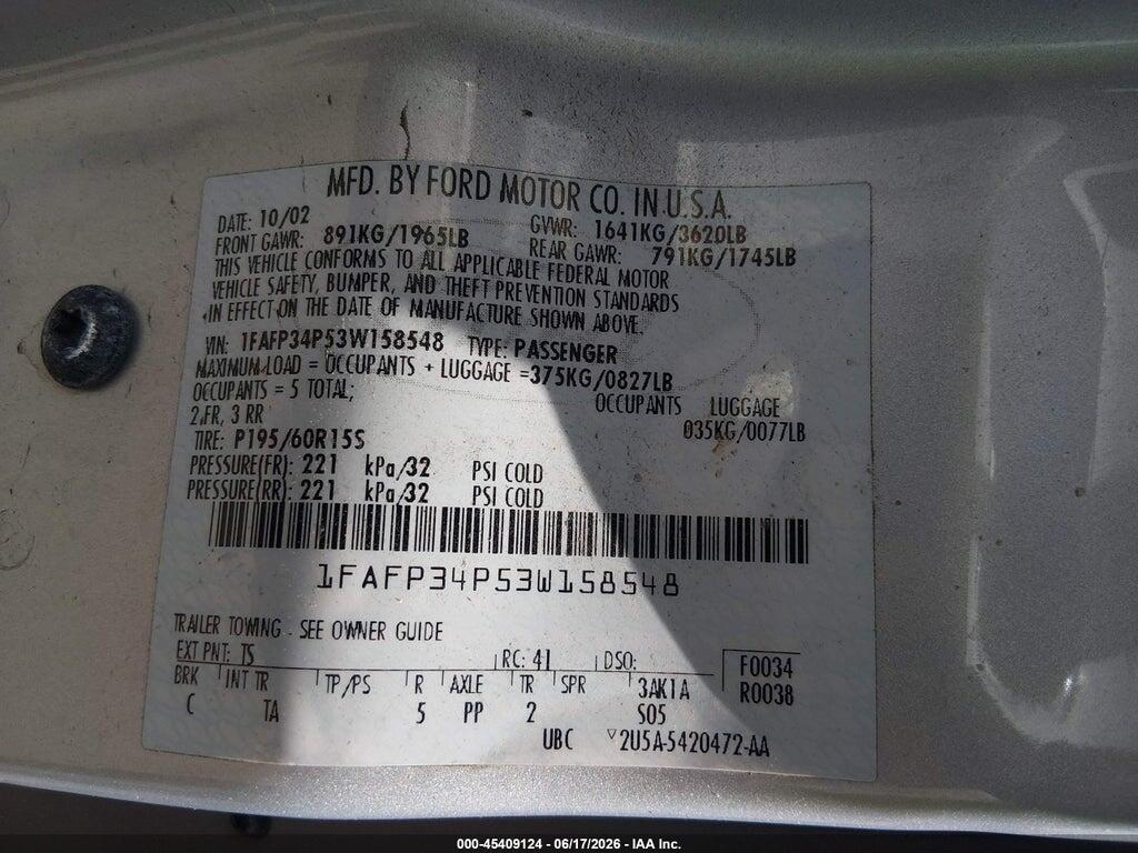 1FAFP34P53W158548 2003 FORD FOCUS photo no. 9