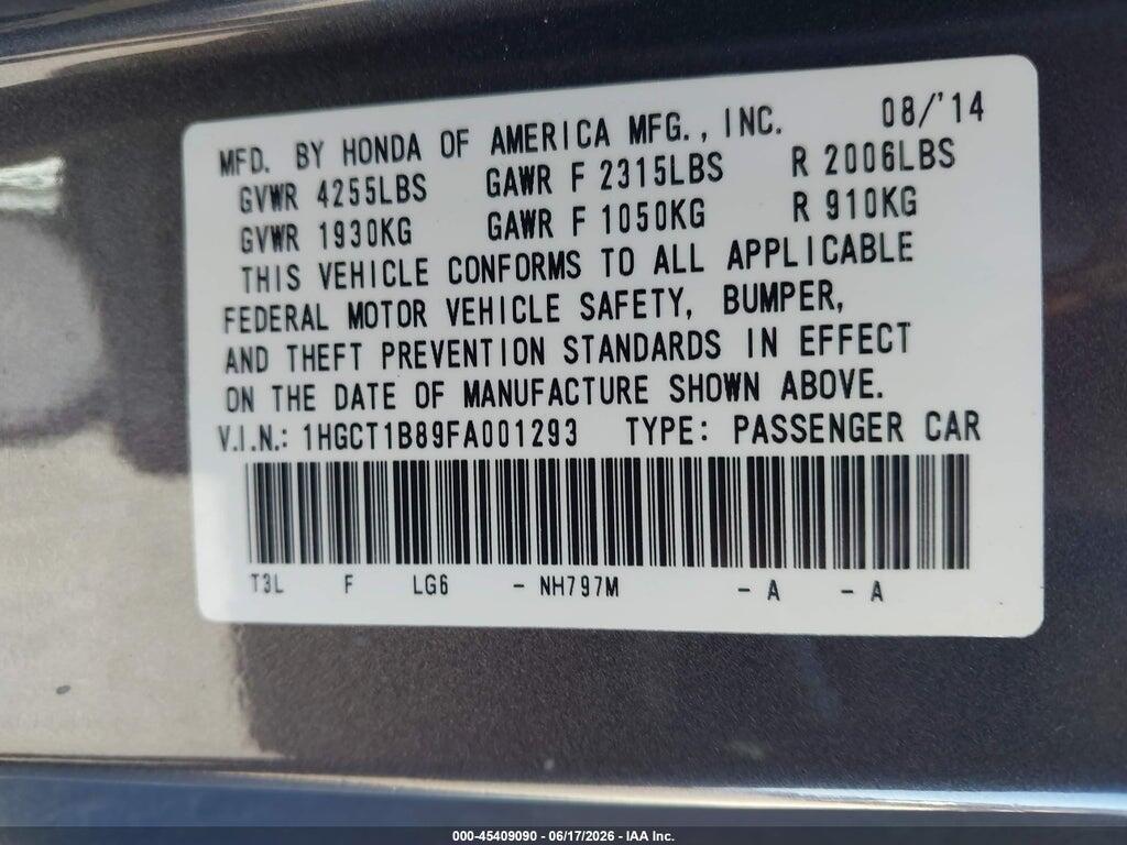 1HGCT1B89FA001293 2015 HONDA ACCORD photo no. 9