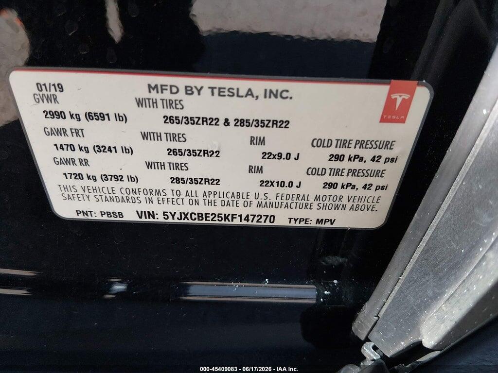 5YJXCBE25KF147270 2019 TESLA MODEL X photo no. 9
