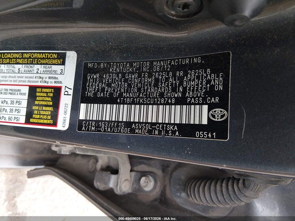 4T1BF1FK5CU128748 2012 TOYOTA CAMRY photo no. 9