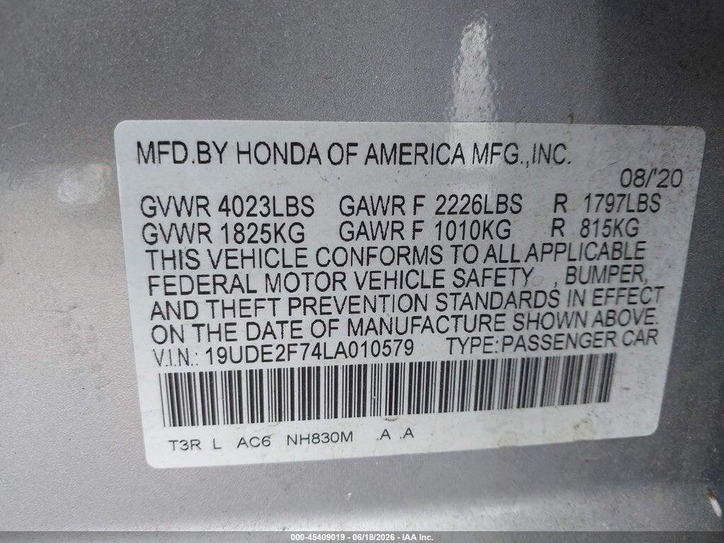 19UDE2F74LA010579 2020 ACURA ILX photo no. 9