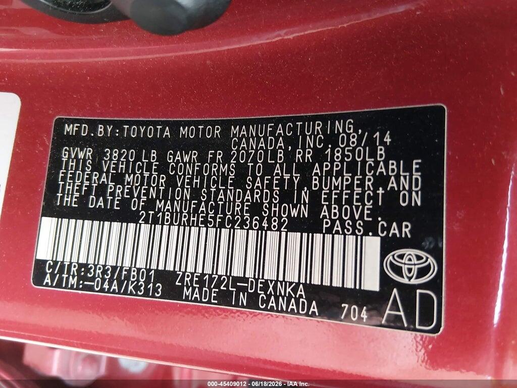 2T1BURHE5FC236482 2015 TOYOTA COROLLA photo no. 9