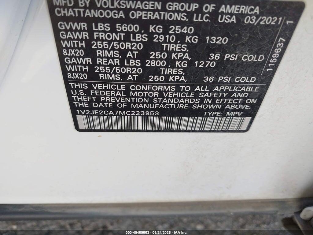 1V2JE2CA7MC223953 2021 VOLKSWAGEN ATLAS CROSS SPORT photo no. 9