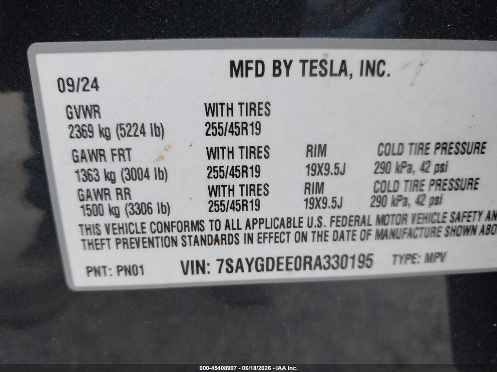 7SAYGDEE0RA330195 2024 TESLA MODEL Y photo no. 9