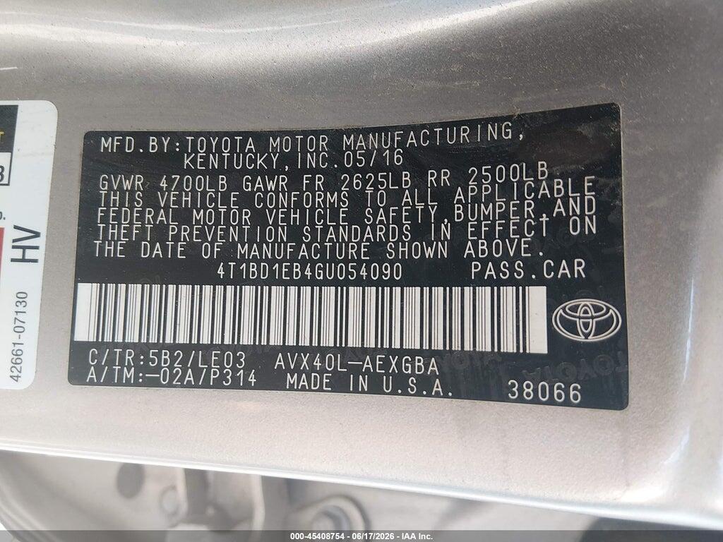 4T1BD1EB4GU054090 2016 TOYOTA AVALON HYBRID photo no. 9