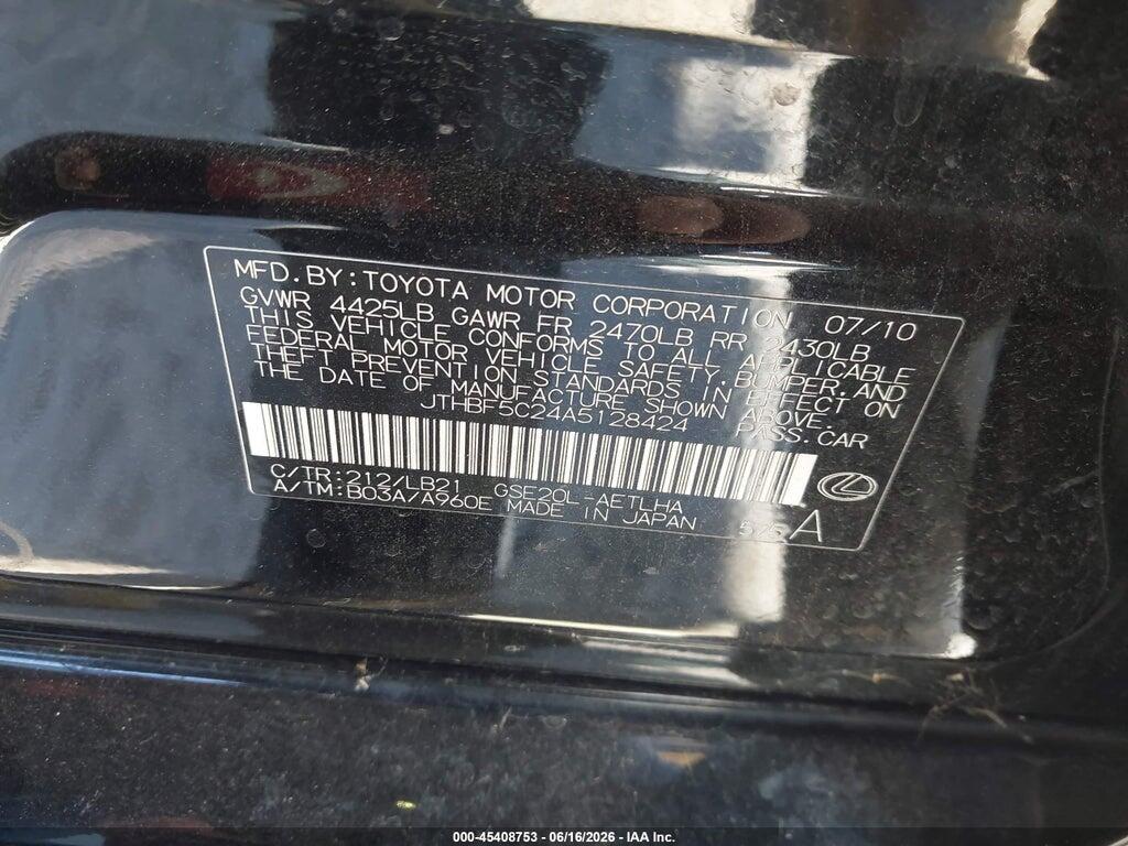 JTHBF5C24A5128424 2010 LEXUS IS 250 photo no. 9