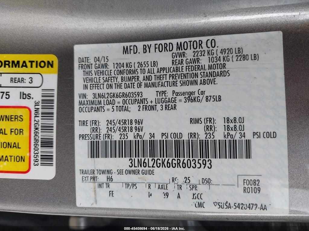 3LN6L2GK6GR603593 2016 LINCOLN MKZ photo no. 9