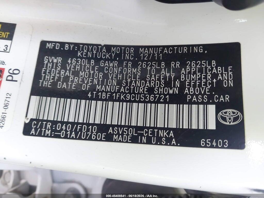 4T1BF1FK9CU536721 2012 TOYOTA CAMRY photo no. 9