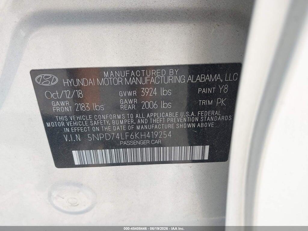 5NPD74LF6KH419254 2019 HYUNDAI ELANTRA photo no. 9