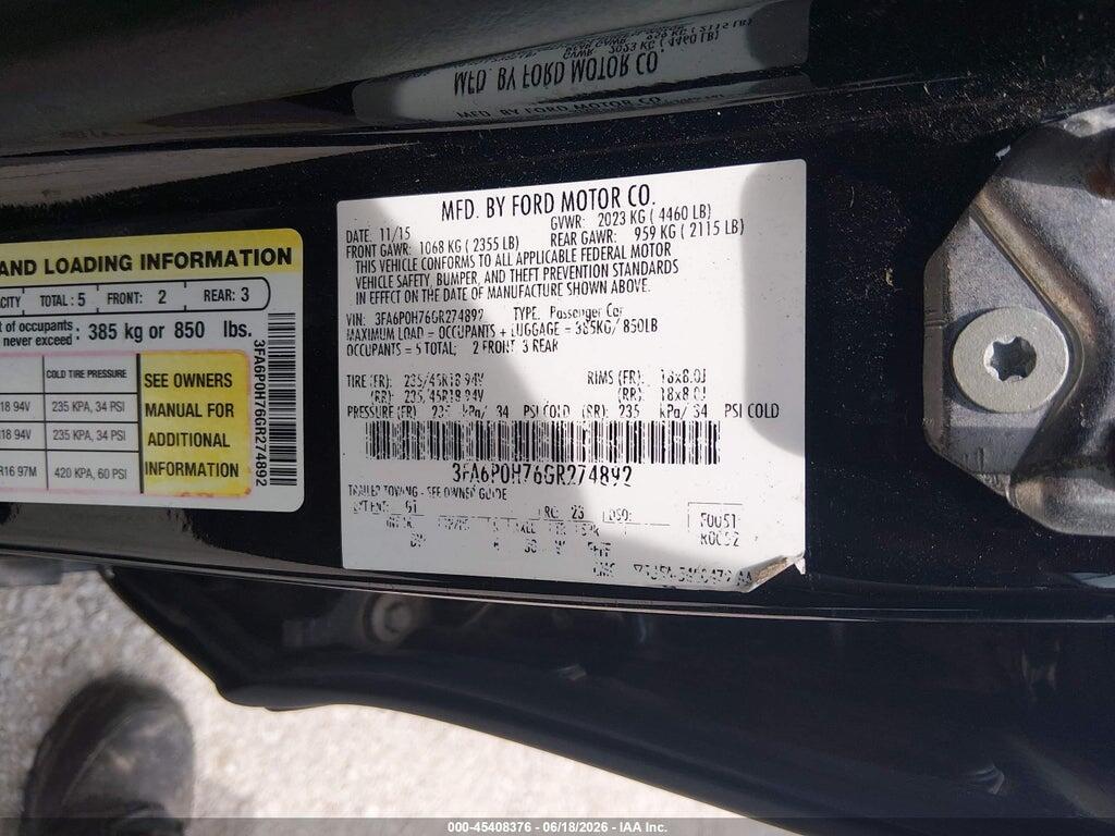 3FA6P0H76GR274892 2016 FORD FUSION photo no. 9