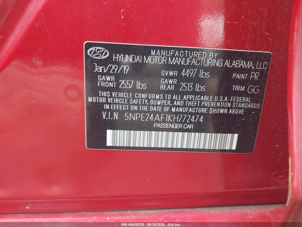 5NPE24AF1KH772474 2019 HYUNDAI SONATA photo no. 9