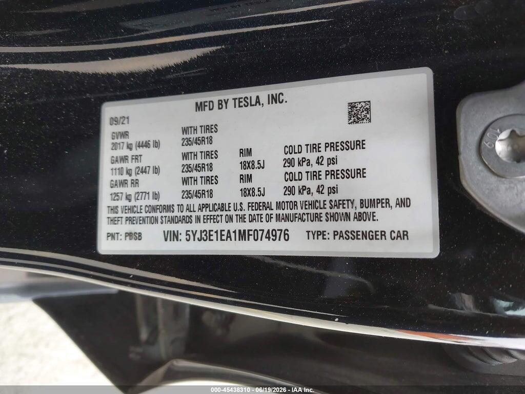 5YJ3E1EA1MF074976 2021 TESLA MODEL 3 photo no. 9