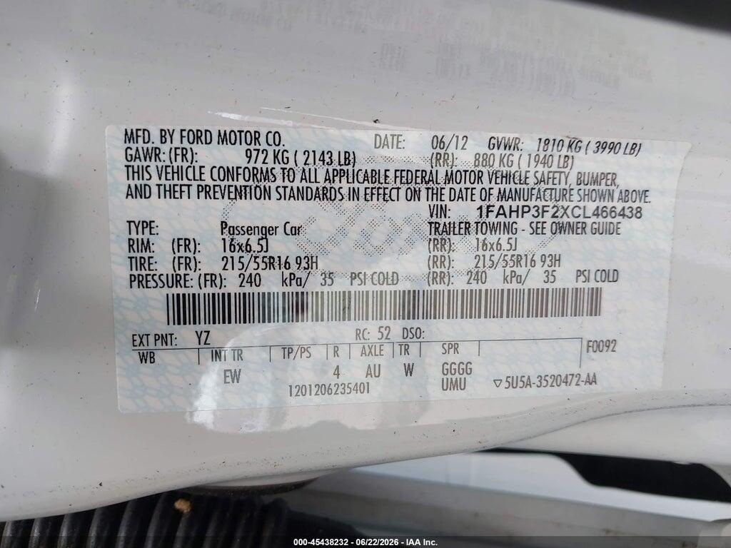 1FAHP3F2XCL466438 2012 FORD FOCUS photo no. 9
