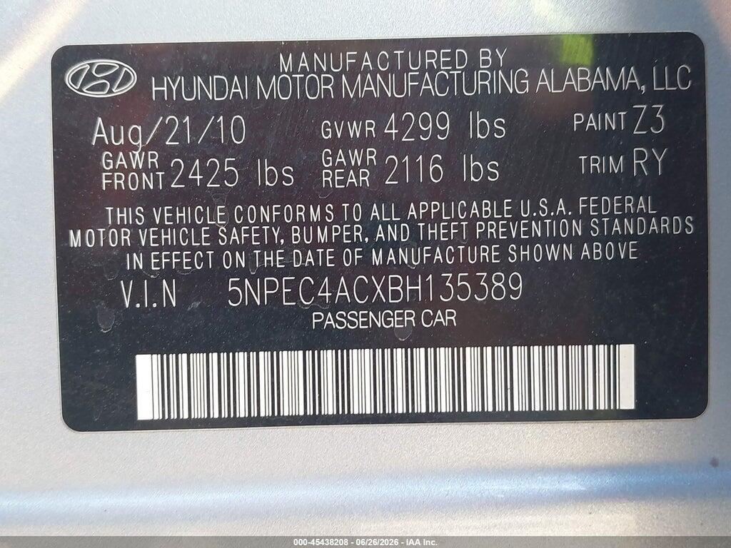 5NPEC4ACXBH135389 2011 HYUNDAI SONATA photo no. 9