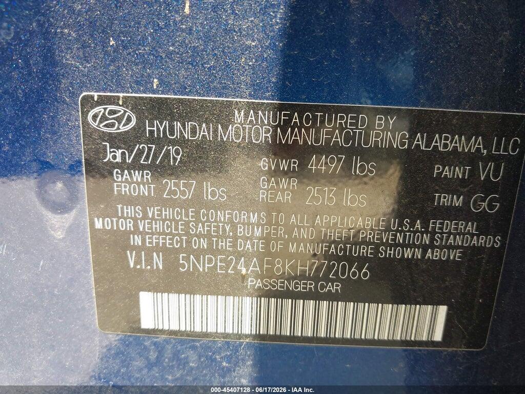 5NPE24AF8KH772066 2019 HYUNDAI SONATA photo no. 9