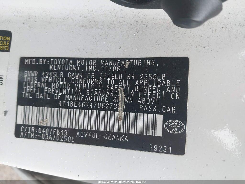 4T1BE46K47U627339 2007 TOYOTA CAMRY photo no. 9