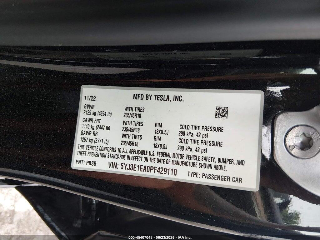5YJ3E1EA0PF429110 2023 TESLA MODEL 3 photo no. 9