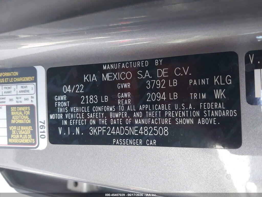 3KPF24AD5NE482508 2022 KIA FORTE photo no. 9