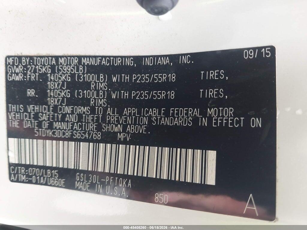 5TDYK3DC8FS654768 2015 TOYOTA SIENNA photo no. 9