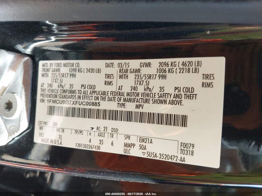 1FMCU0G7XFUC00885 2015 FORD ESCAPE photo no. 9