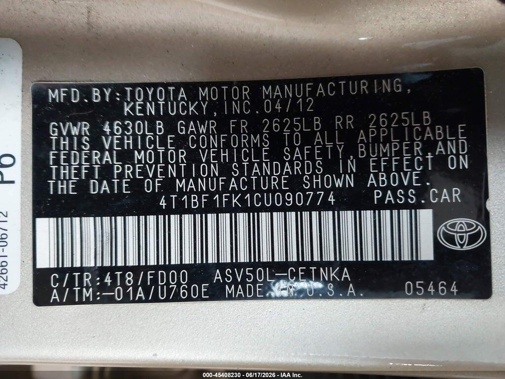 4T1BF1FK1CU090774 2012 TOYOTA CAMRY photo no. 9