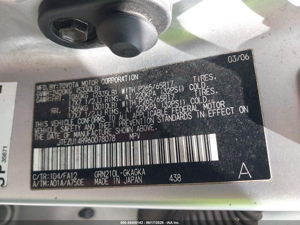 JTEZU14R960078078 2006 TOYOTA 4RUNNER photo no. 9