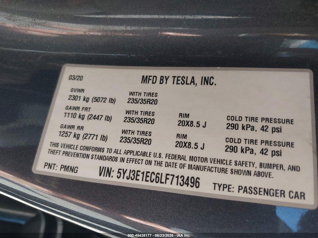 5YJ3E1EC6LF713496 2020 TESLA MODEL 3 photo no. 9