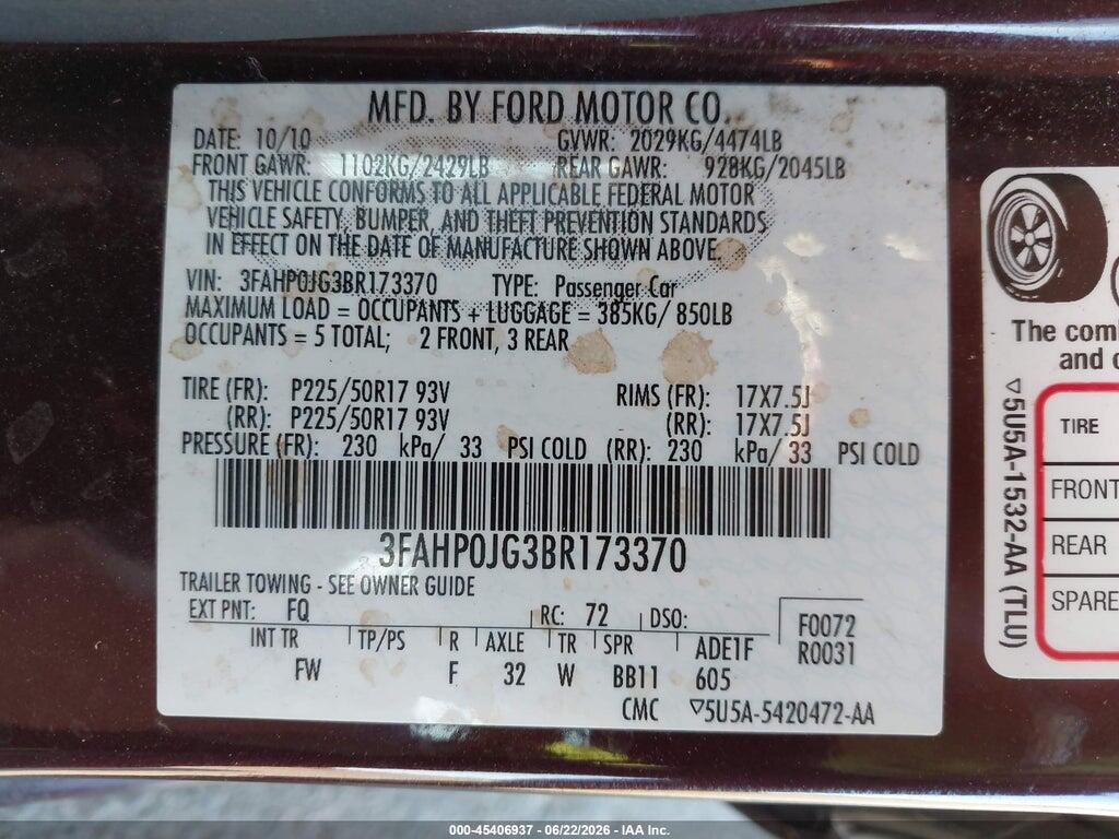 3FAHP0JG3BR173370 2011 FORD FUSION photo no. 9