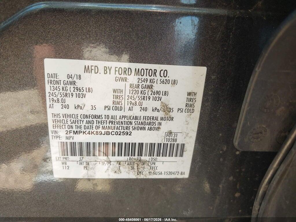 2FMPK4K89JBC02592 2018 FORD EDGE photo no. 9