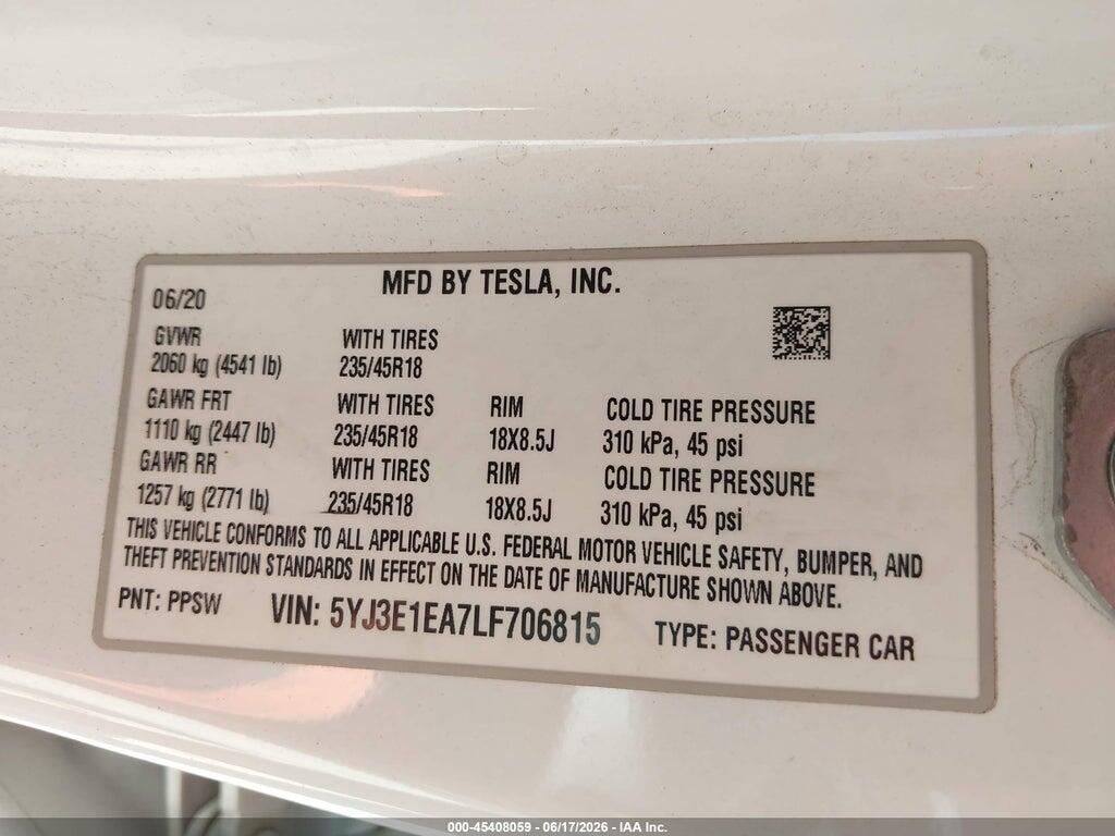 5YJ3E1EA7LF706815 2020 TESLA MODEL 3 photo no. 9