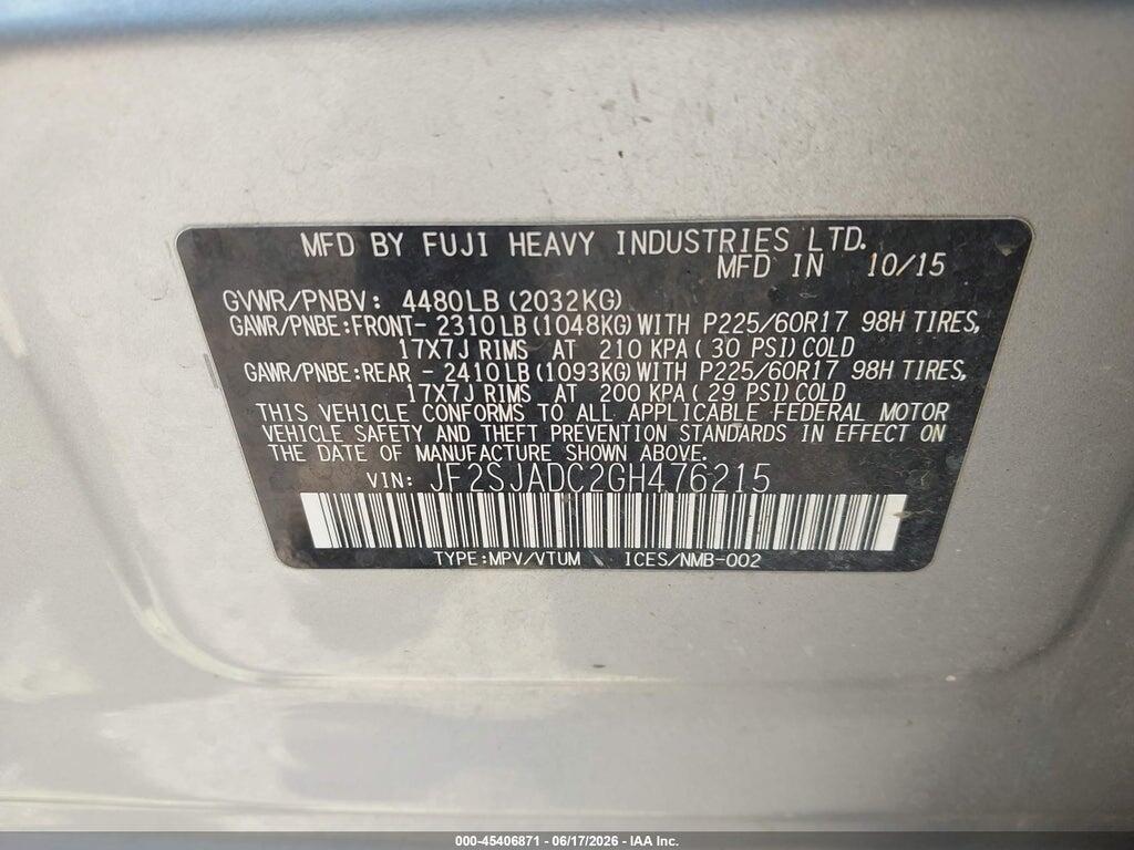 JF2SJADC2GH476215 2016 SUBARU FORESTER photo no. 9
