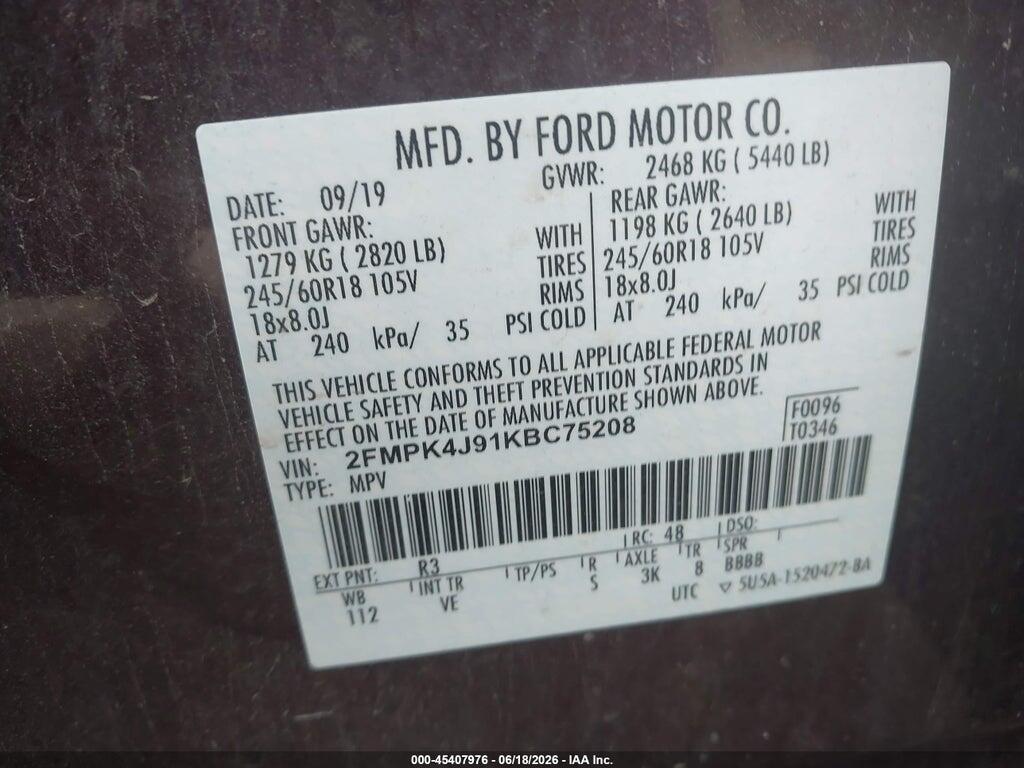 2FMPK4J91KBC75208 2019 FORD EDGE photo no. 9